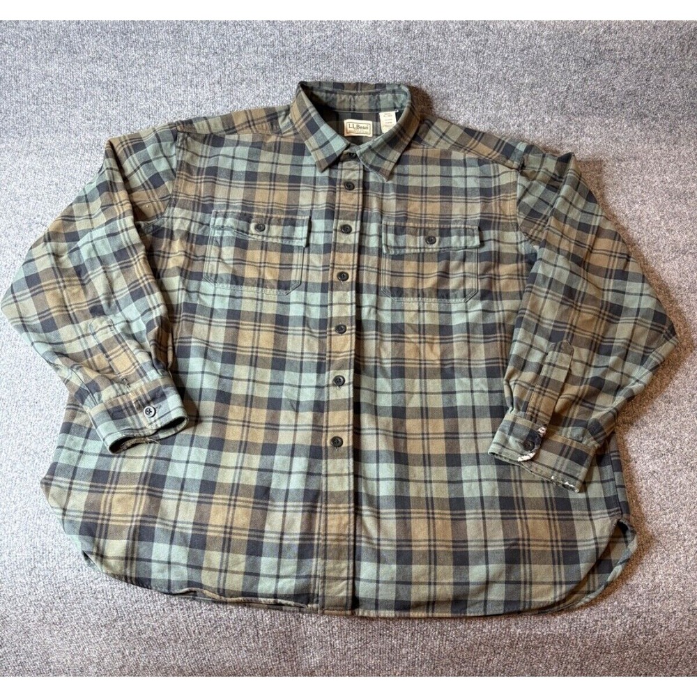 LL Bean Shirt Men XL Green Brown Scotch Plaid Traditional Fit Work Wear